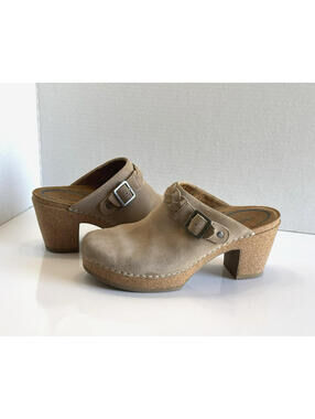 Aetrex Corey Clog Shoes Women's 8.5 Beige Suede Comfort Cork Heel Platform Mule